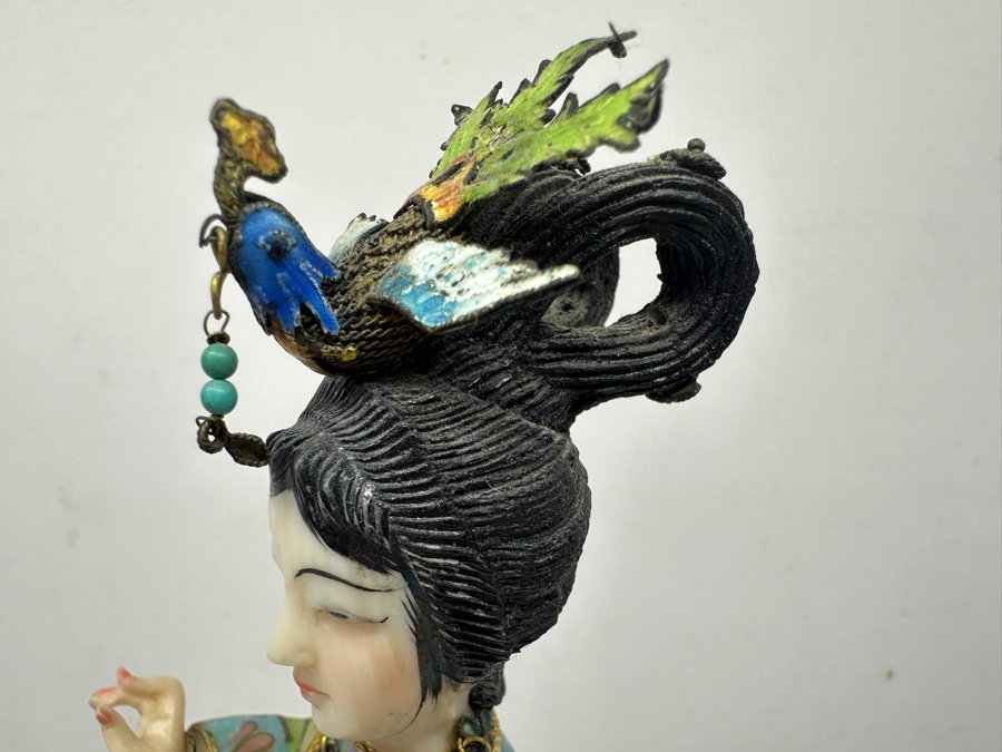 Vintage Chinese Cloisonné Enamel Figurine Of A Standing Woman With Fan Around Neck And Hand Carved Face And Hands 10.25'H [Photo 16]