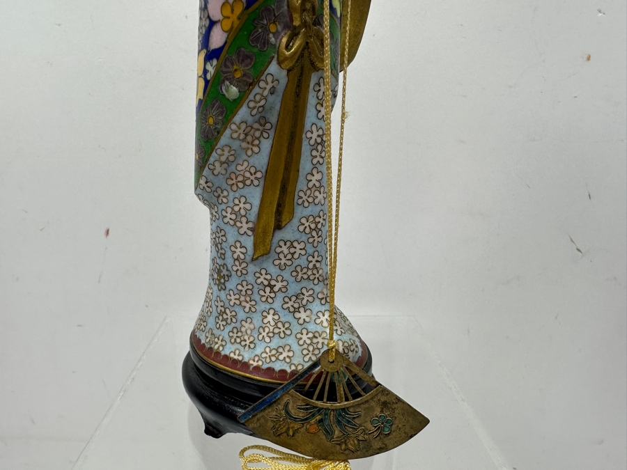 Vintage Chinese Cloisonné Enamel Figurine Of A Standing Woman With Fan Around Neck And Hand Carved Face And Hands 10.25'H [Photo 9]