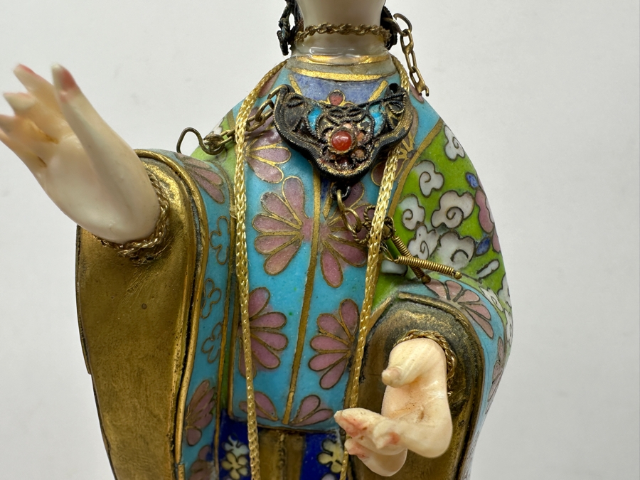 Vintage Chinese Cloisonné Enamel Figurine Of A Standing Woman With Fan Around Neck And Hand Carved Face And Hands 10.25'H [Photo 6]