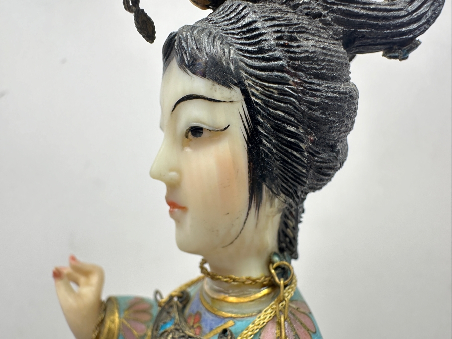 Vintage Chinese Cloisonné Enamel Figurine Of A Standing Woman With Fan Around Neck And Hand Carved Face And Hands 10.25'H [Photo 13]