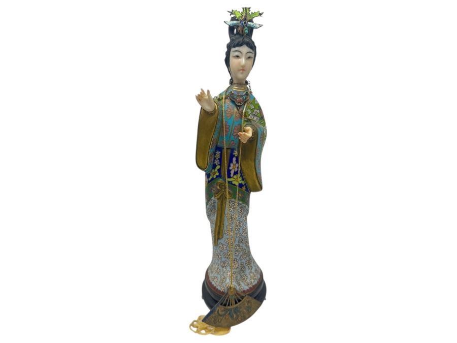 Vintage Chinese Cloisonné Enamel Figurine Of A Standing Woman With Fan Around Neck And Hand Carved Face And Hands 10.25'H [Photo 2]
