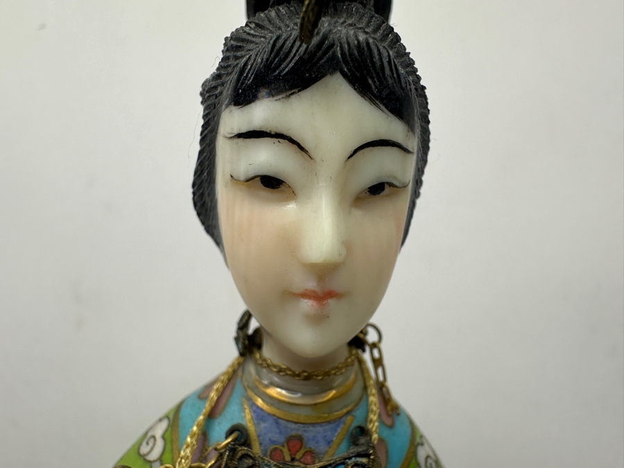 Vintage Chinese Cloisonné Enamel Figurine Of A Standing Woman With Fan Around Neck And Hand Carved Face And Hands 10.25'H [Photo 5]
