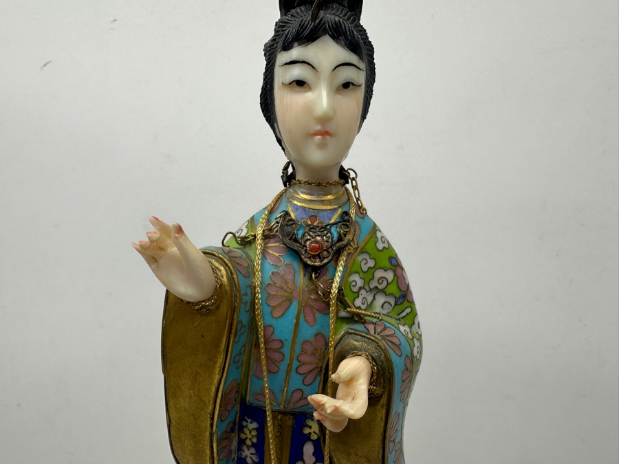 Vintage Chinese Cloisonné Enamel Figurine Of A Standing Woman With Fan Around Neck And Hand Carved Face And Hands 10.25'H [Photo 4]