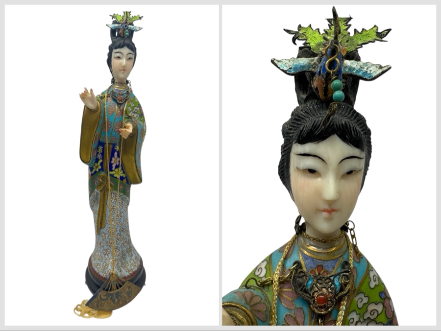 Vintage Chinese Cloisonné Enamel Figurine Of A Standing Woman With Fan Around Neck And Hand Carved Face And Hands 10.25'H