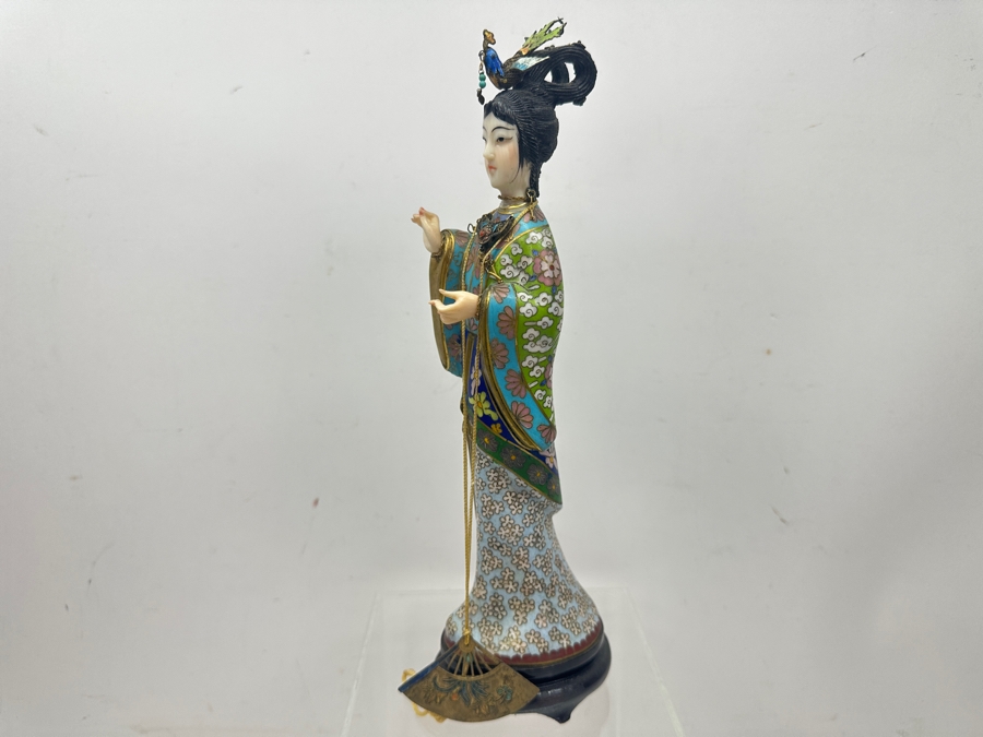 Vintage Chinese Cloisonné Enamel Figurine Of A Standing Woman With Fan Around Neck And Hand Carved Face And Hands 10.25'H [Photo 12]