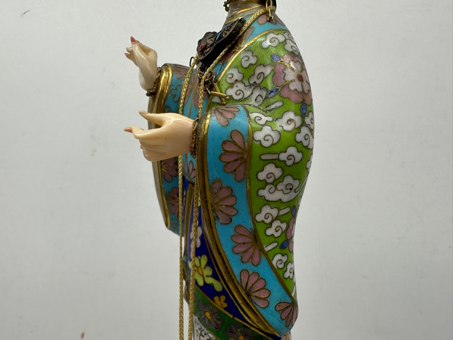 Vintage Chinese Cloisonné Enamel Figurine Of A Standing Woman With Fan Around Neck And Hand Carved Face And Hands 10.25'H [Photo 14]