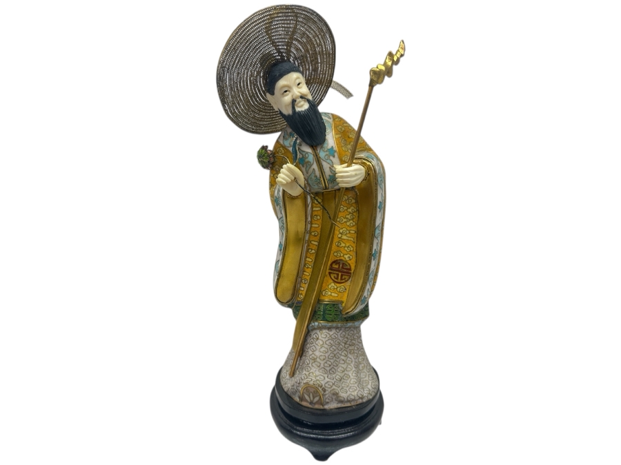 Vintage Chinese Cloisonné Enamel Figurine Of Man Holding Staff and Flower With Hand-Carved Face And Hands 10.5'H [Photo 3]