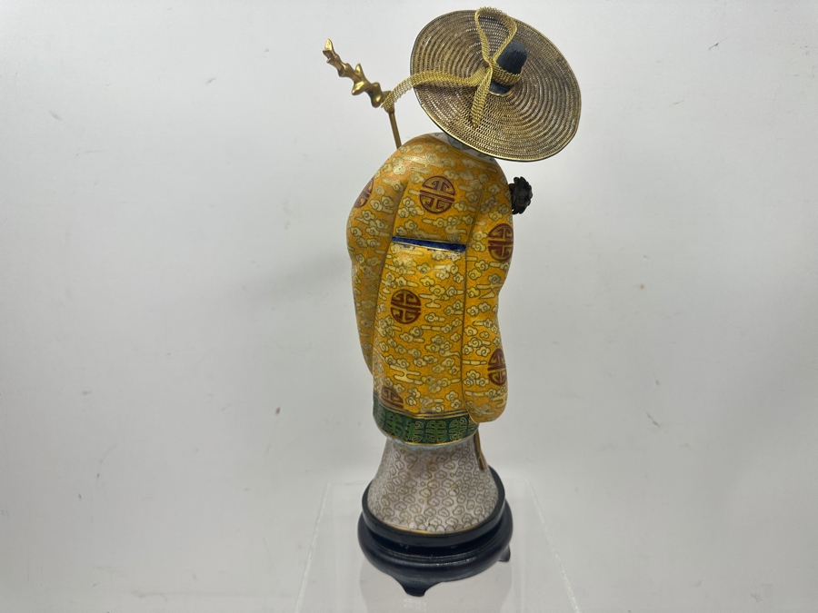 Vintage Chinese Cloisonné Enamel Figurine Of Man Holding Staff and Flower With Hand-Carved Face And Hands 10.5'H [Photo 10]