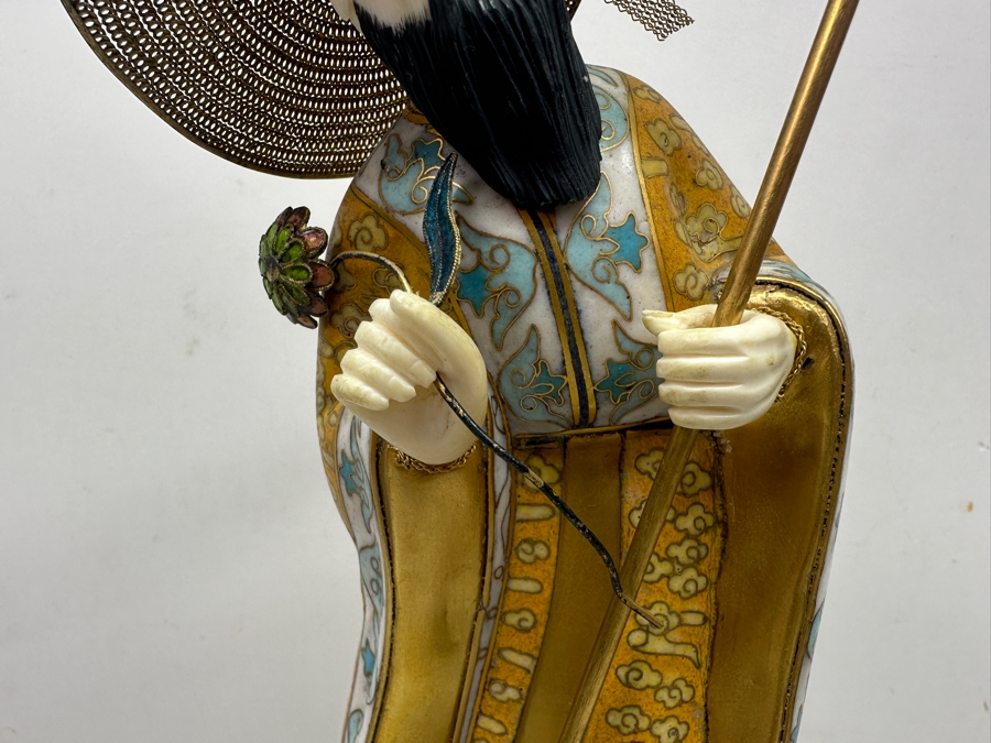 Vintage Chinese Cloisonné Enamel Figurine Of Man Holding Staff and Flower With Hand-Carved Face And Hands 10.5'H [Photo 5]