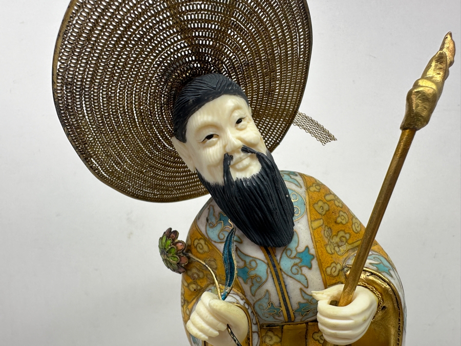 Vintage Chinese Cloisonné Enamel Figurine Of Man Holding Staff and Flower With Hand-Carved Face And Hands 10.5'H [Photo 4]
