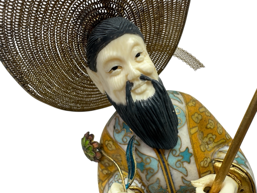 Vintage Chinese Cloisonné Enamel Figurine Of Man Holding Staff and Flower With Hand-Carved Face And Hands 10.5'H [Photo 2]