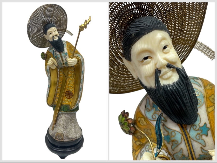 Vintage Chinese Cloisonné Enamel Figurine Of Man Holding Staff and Flower With Hand-Carved Face And Hands 10.5'H