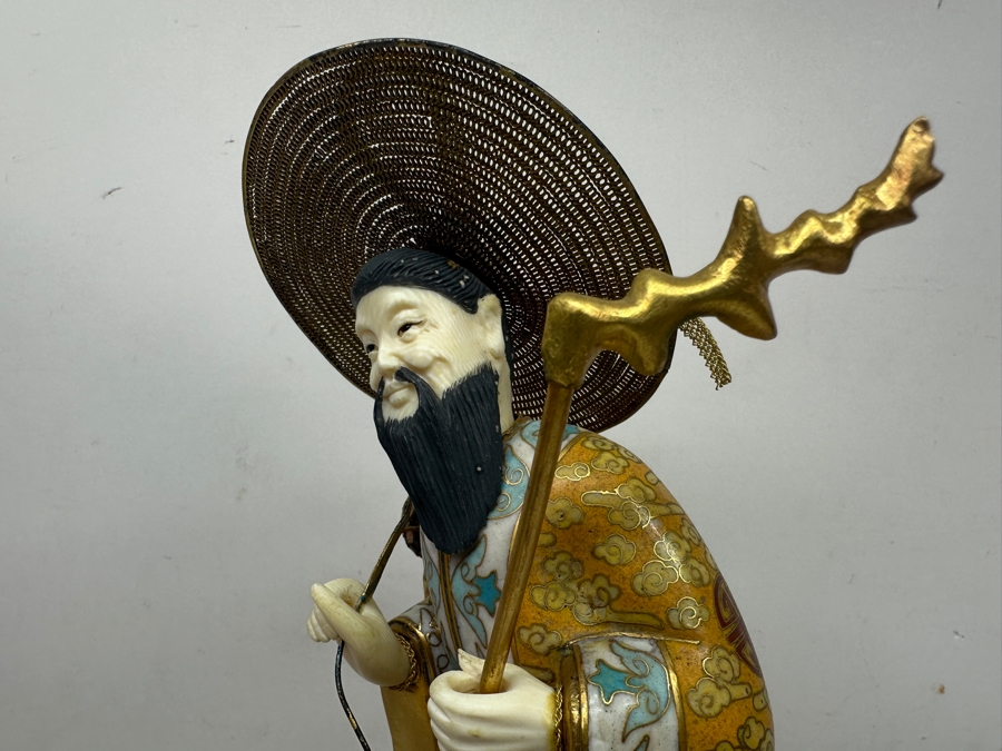 Vintage Chinese Cloisonné Enamel Figurine Of Man Holding Staff and Flower With Hand-Carved Face And Hands 10.5'H [Photo 8]