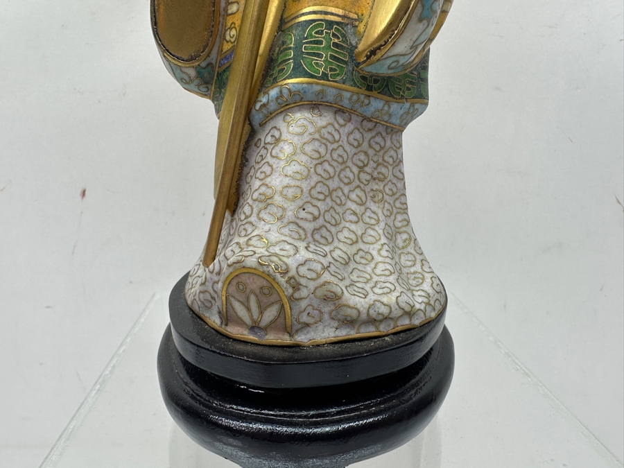 Vintage Chinese Cloisonné Enamel Figurine Of Man Holding Staff and Flower With Hand-Carved Face And Hands 10.5'H [Photo 7]