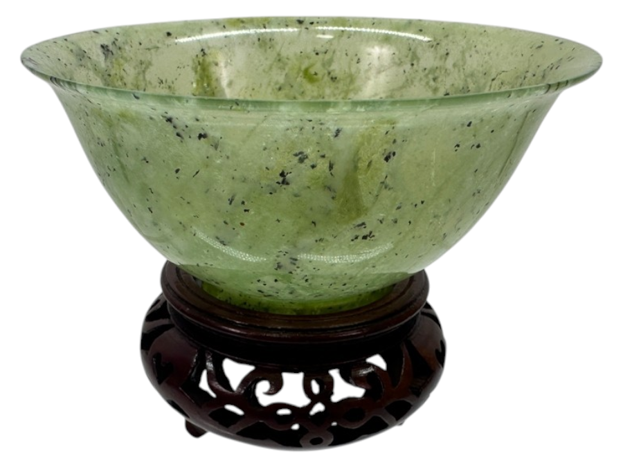 Vintage Chinese Carved Jade Bowl On Ornate Wooden Stand 4'W x 3'H