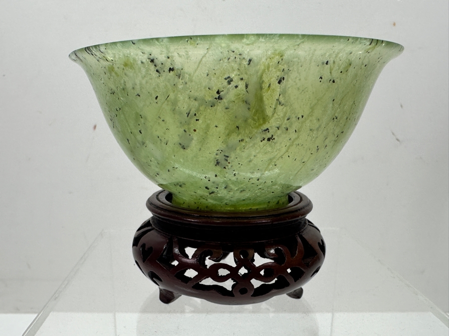 Vintage Chinese Carved Jade Bowl On Ornate Wooden Stand 4'W x 3'H [Photo 3]