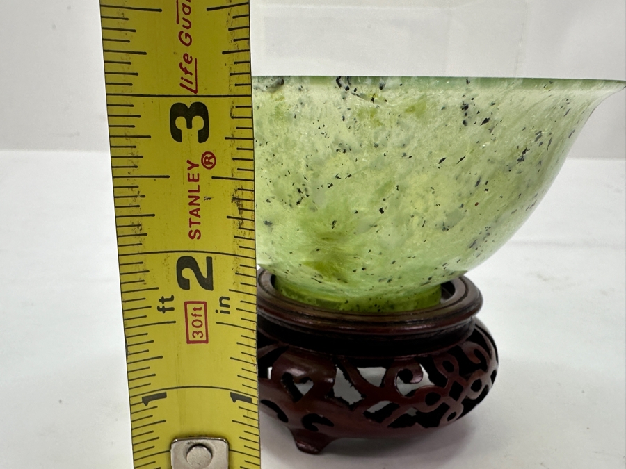 Vintage Chinese Carved Jade Bowl On Ornate Wooden Stand 4'W x 3'H [Photo 12]
