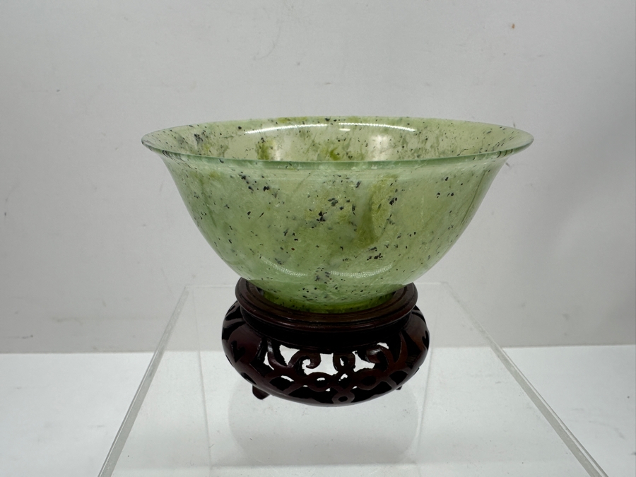 Vintage Chinese Carved Jade Bowl On Ornate Wooden Stand 4'W x 3'H [Photo 2]