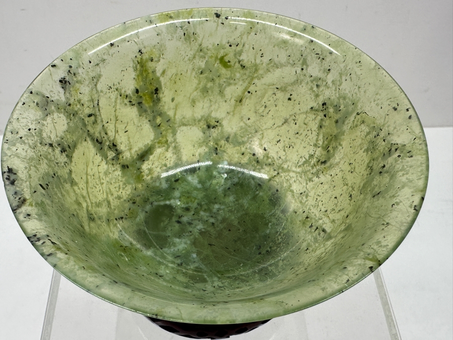 Vintage Chinese Carved Jade Bowl On Ornate Wooden Stand 4'W x 3'H [Photo 5]