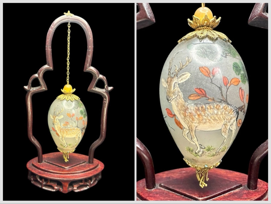 Ne'Qwa Art Reverse-Painted Glass Ornament Of A Deer On Pendant Display Stand 7.5'H