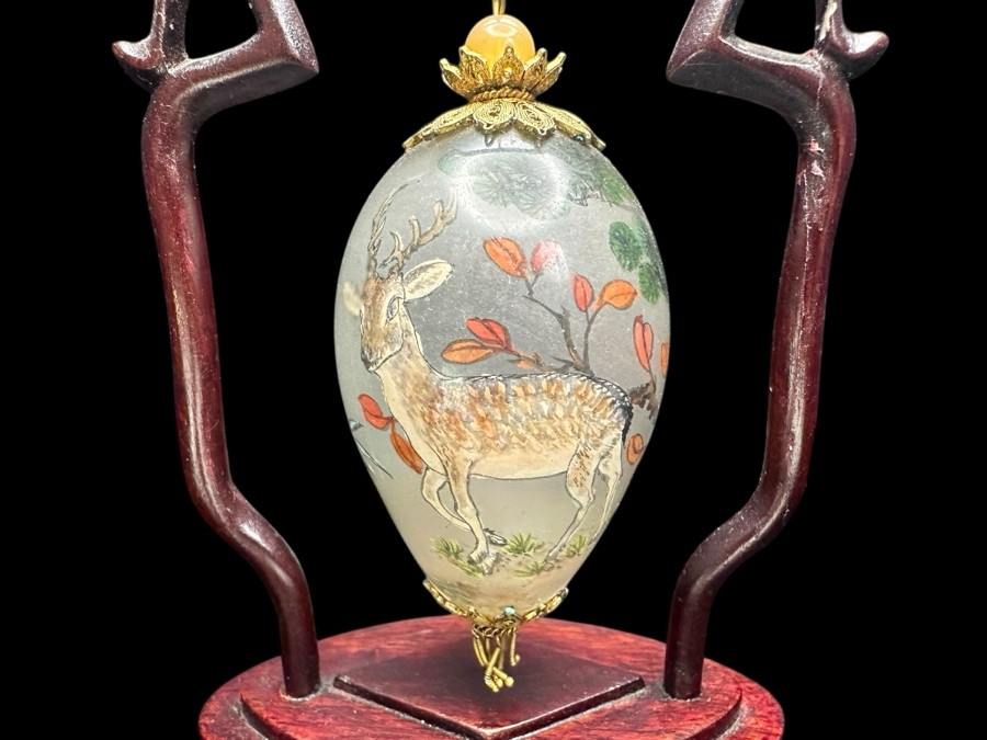 Ne'Qwa Art Reverse-Painted Glass Ornament Of A Deer On Pendant Display Stand 7.5'H [Photo 2]