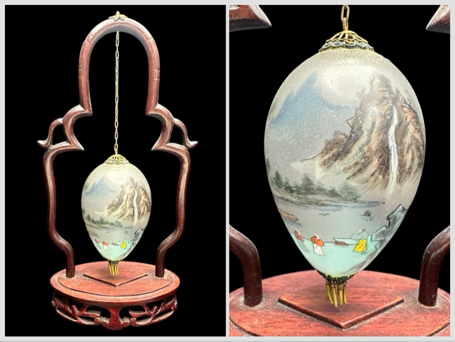 Ne'Qwa Art Reverse-Painted Glass Ornament Of Mountains On Pendant Display Stand 7.5'H