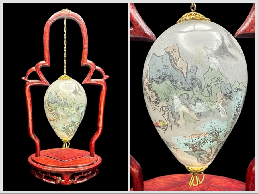 Ne'Qwa Art Reverse-Painted Glass Ornament Of Landscape On Pendant Display Stand 7.5'H
