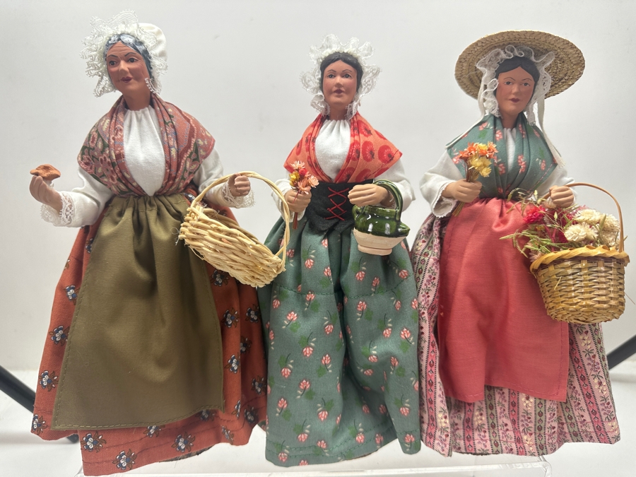 (3) Vintage French Santon D'Argile Clay Dolls Depicting Country Women Carrying Baskets of Flowers and Produce 10'H [Photo 5]