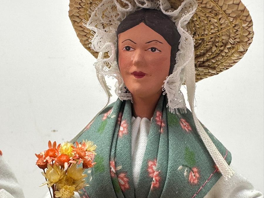 (3) Vintage French Santon D'Argile Clay Dolls Depicting Country Women Carrying Baskets of Flowers and Produce 10'H [Photo 4]