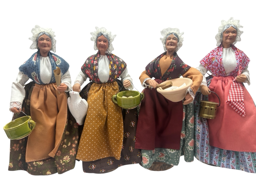 (4) Vintage French Santon D'Argile Clay Dolls Depicting Country Women Carrying Baskets And Water 10'H