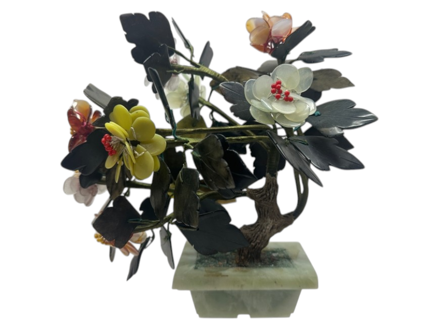 Vintage Chinese Various Stones And Jade Bonsai Tree Sculpture 11'W x 10'H