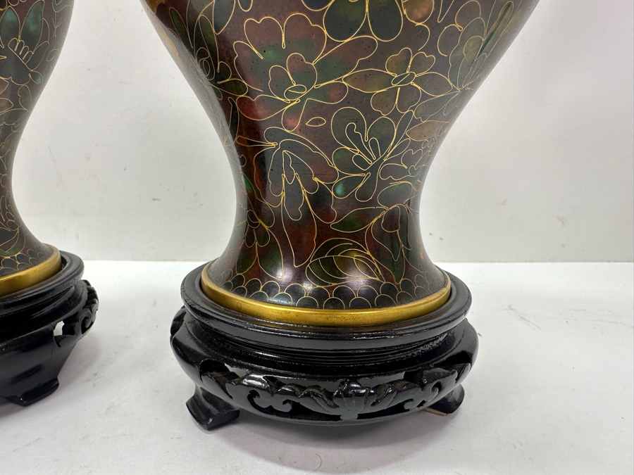Pair of Hand Made Vintage Chinese Cloisonne Ware Vases With Floral Design - New With Original Box 11'H [Photo 5]