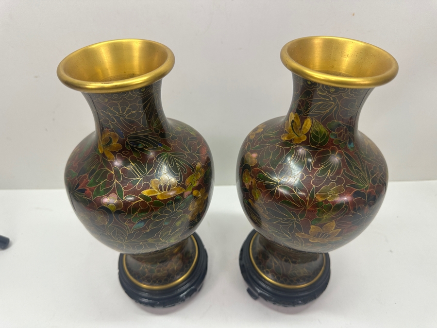 Pair of Hand Made Vintage Chinese Cloisonne Ware Vases With Floral Design - New With Original Box 11'H [Photo 7]