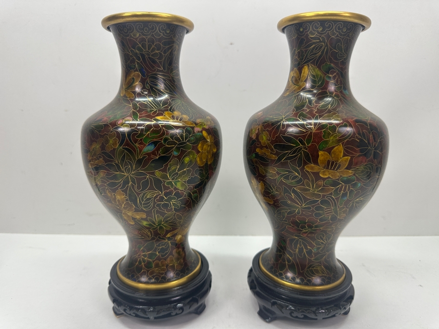 Pair of Hand Made Vintage Chinese Cloisonne Ware Vases With Floral Design - New With Original Box 11'H [Photo 3]