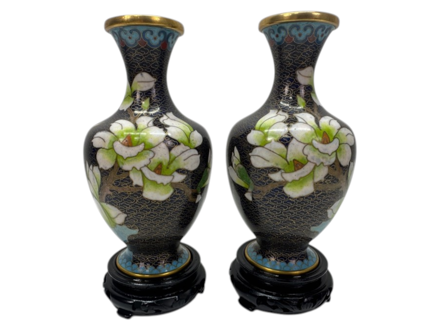 Pair Of Vintage Chinese Cloisonné Ware Vases In Black With Floral Design - New With Original Box 7'H