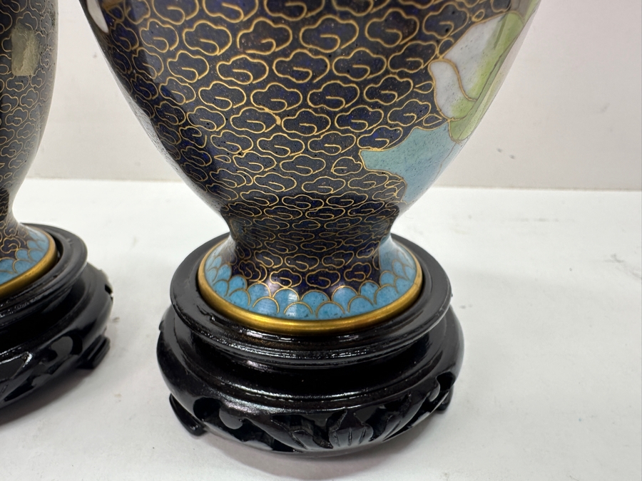Pair Of Vintage Chinese Cloisonné Ware Vases In Black With Floral Design - New With Original Box 7'H [Photo 4]