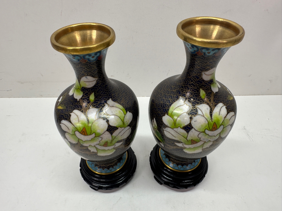 Pair Of Vintage Chinese Cloisonné Ware Vases In Black With Floral Design - New With Original Box 7'H [Photo 5]
