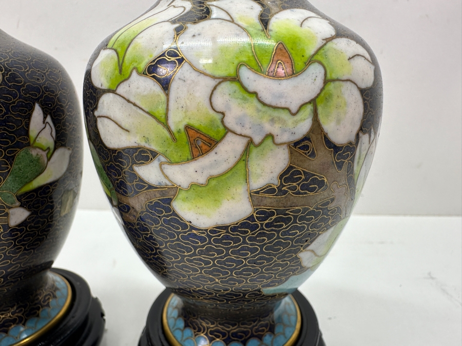 Pair Of Vintage Chinese Cloisonné Ware Vases In Black With Floral Design - New With Original Box 7'H [Photo 3]