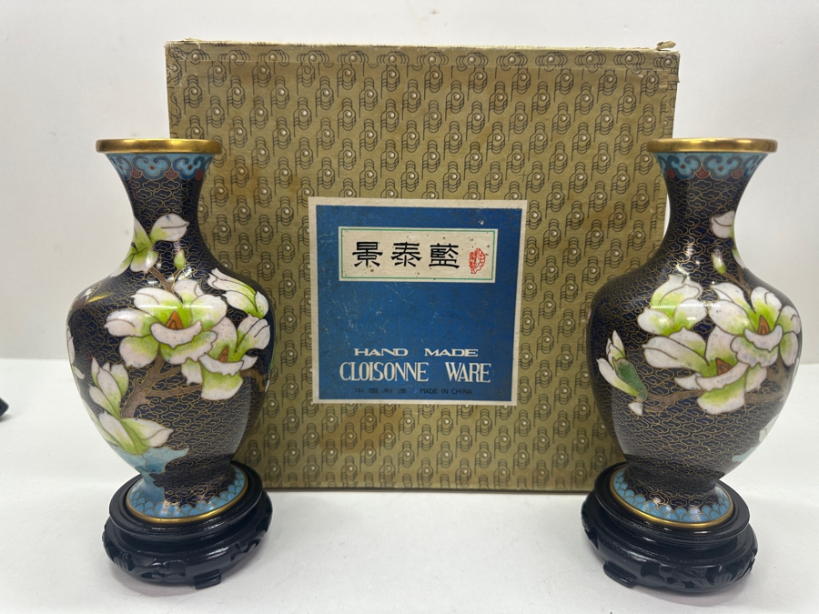 Pair Of Vintage Chinese Cloisonné Ware Vases In Black With Floral Design - New With Original Box 7'H [Photo 2]