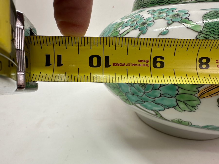 Gold Imari Hand Painted Porcelain Bowl with Green Pheasants and Floral Motif 10'W x 6'H [Photo 7]