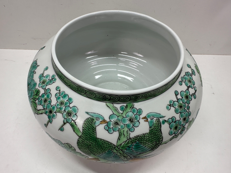 Gold Imari Hand Painted Porcelain Bowl with Green Pheasants and Floral Motif 10'W x 6'H [Photo 3]