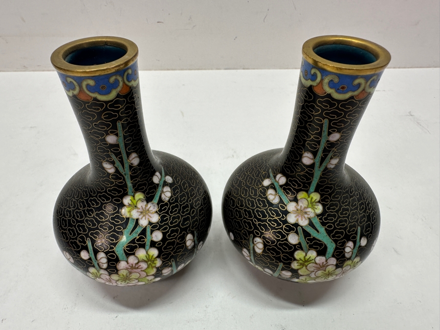 Pair Of Vintage Chinese Cloisonné Bud Vases With Prunus Blossom Motif On Black Enamel Background 4.25'H [Photo 4]