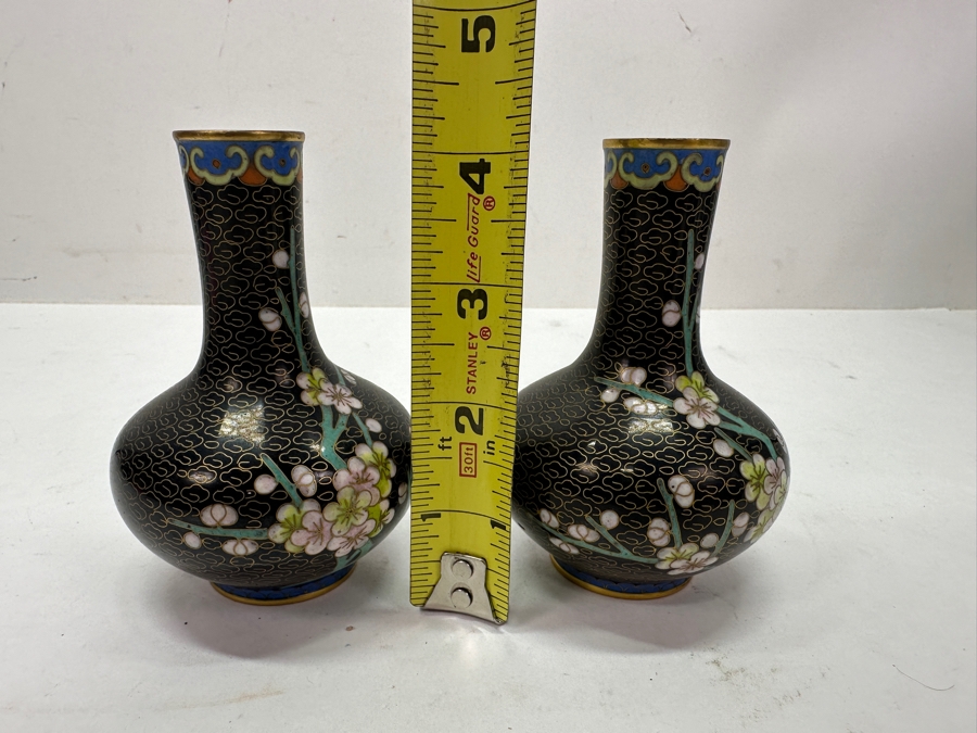 Pair Of Vintage Chinese Cloisonné Bud Vases With Prunus Blossom Motif On Black Enamel Background 4.25'H [Photo 6]