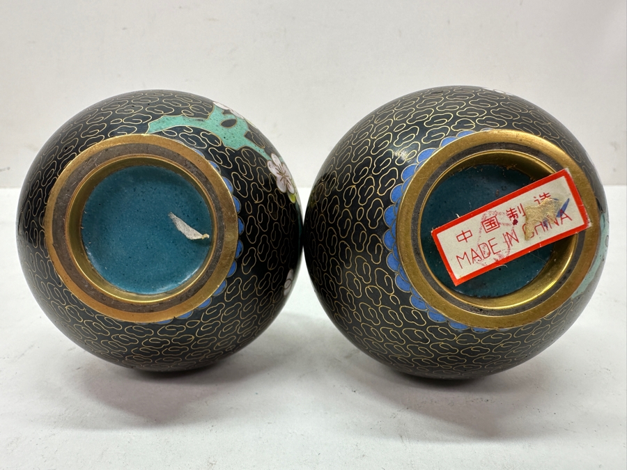 Pair Of Vintage Chinese Cloisonné Bud Vases With Prunus Blossom Motif On Black Enamel Background 4.25'H [Photo 5]