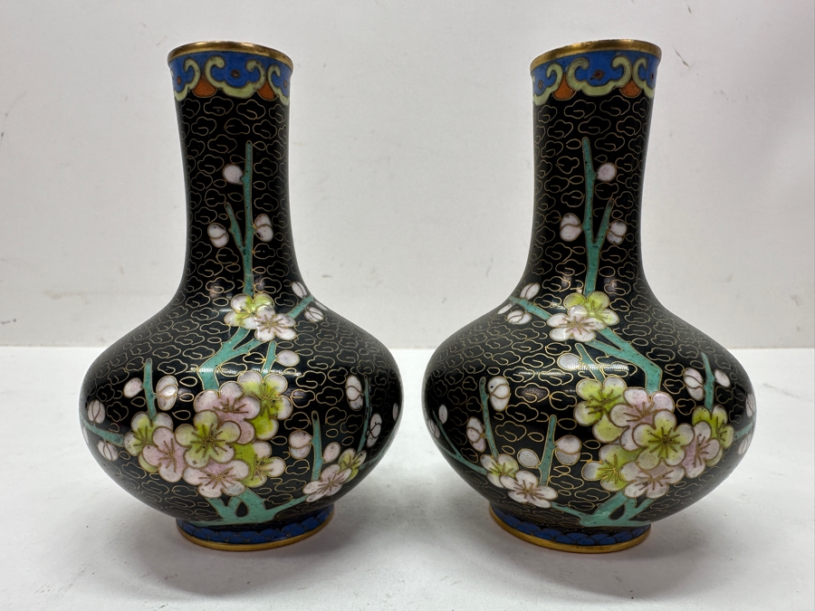 Pair Of Vintage Chinese Cloisonné Bud Vases With Prunus Blossom Motif On Black Enamel Background 4.25'H [Photo 2]