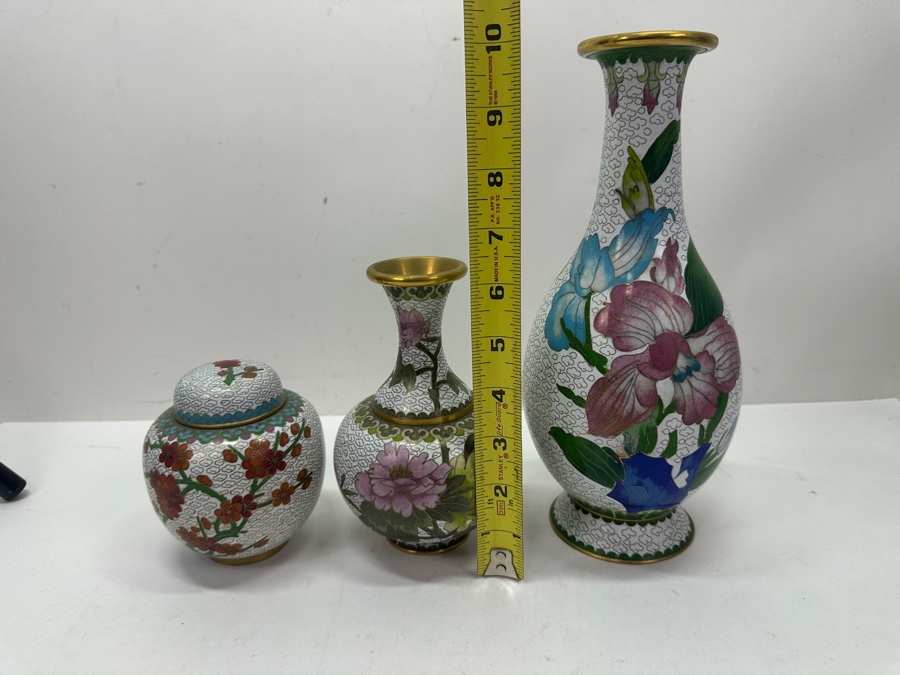 Pair of Vintage Chinese Cloisonné Vases And Lidded Chinese Cloisonné Ginger Jar 4'H - 10'H [Photo 7]
