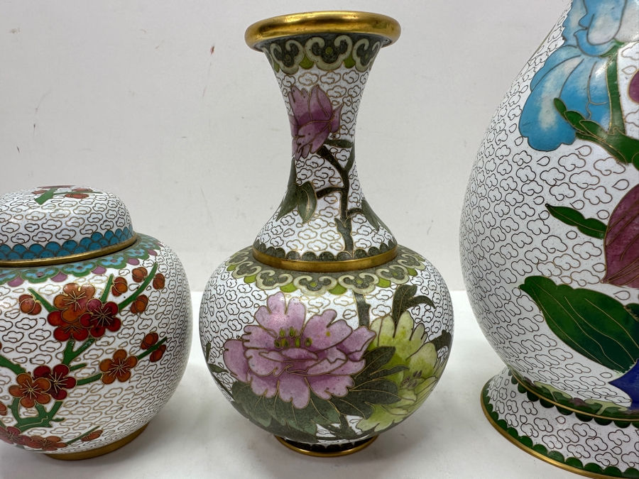 Pair of Vintage Chinese Cloisonné Vases And Lidded Chinese Cloisonné Ginger Jar 4'H - 10'H [Photo 3]