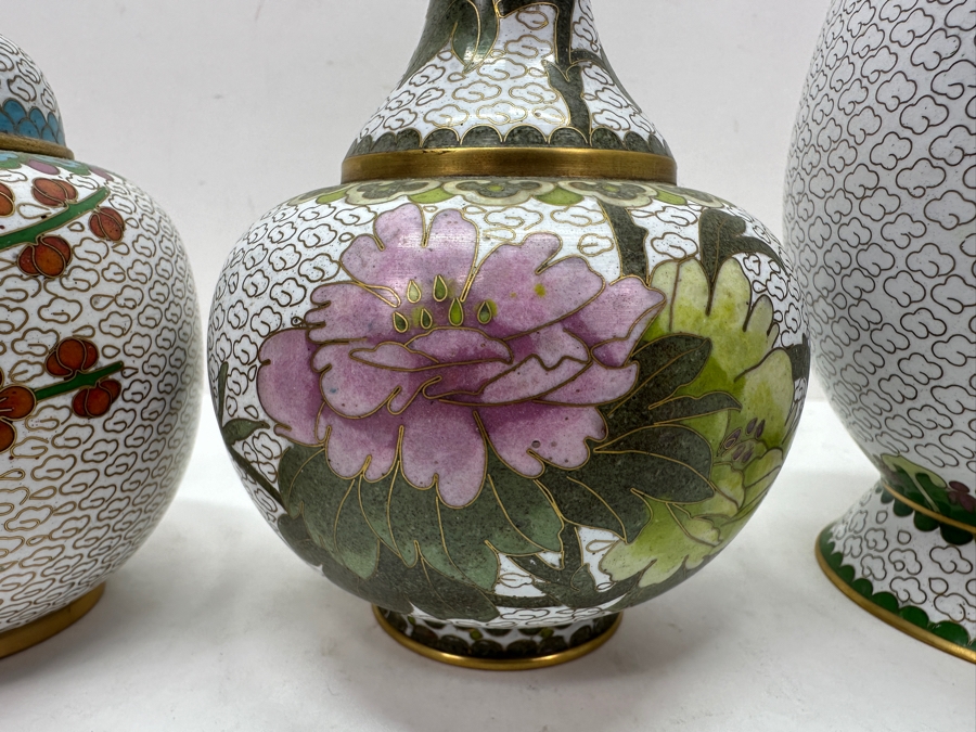Pair of Vintage Chinese Cloisonné Vases And Lidded Chinese Cloisonné Ginger Jar 4'H - 10'H [Photo 4]