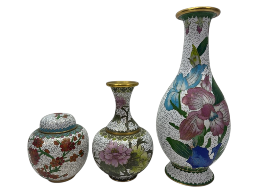 Pair of Vintage Chinese Cloisonné Vases And Lidded Chinese Cloisonné Ginger Jar 4'H - 10'H