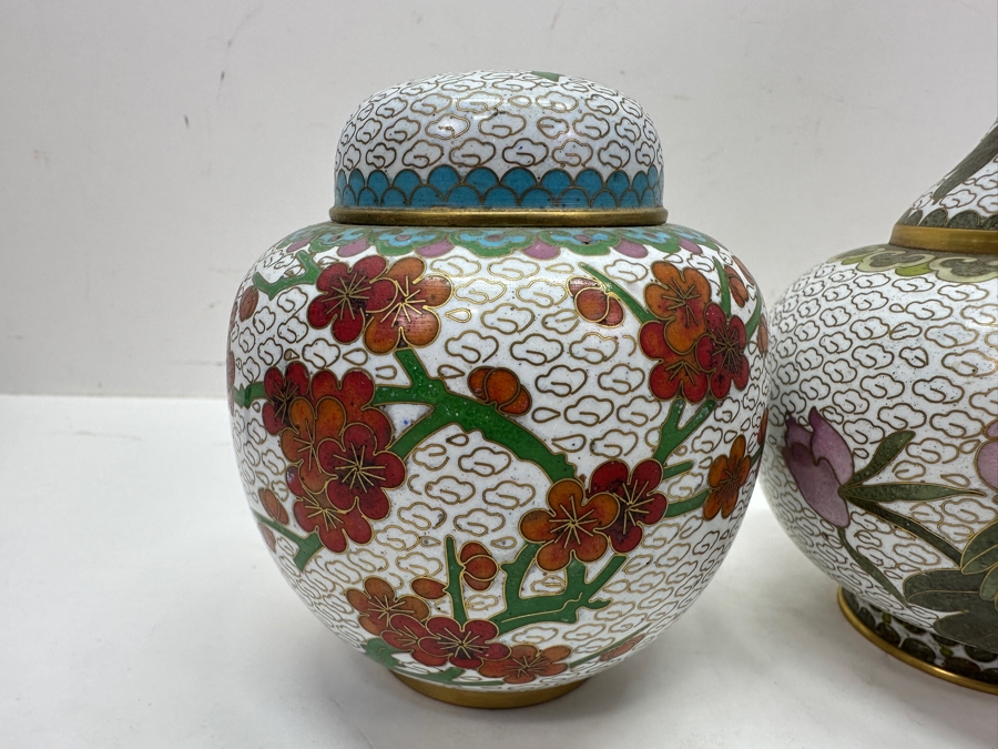 Pair of Vintage Chinese Cloisonné Vases And Lidded Chinese Cloisonné Ginger Jar 4'H - 10'H [Photo 5]